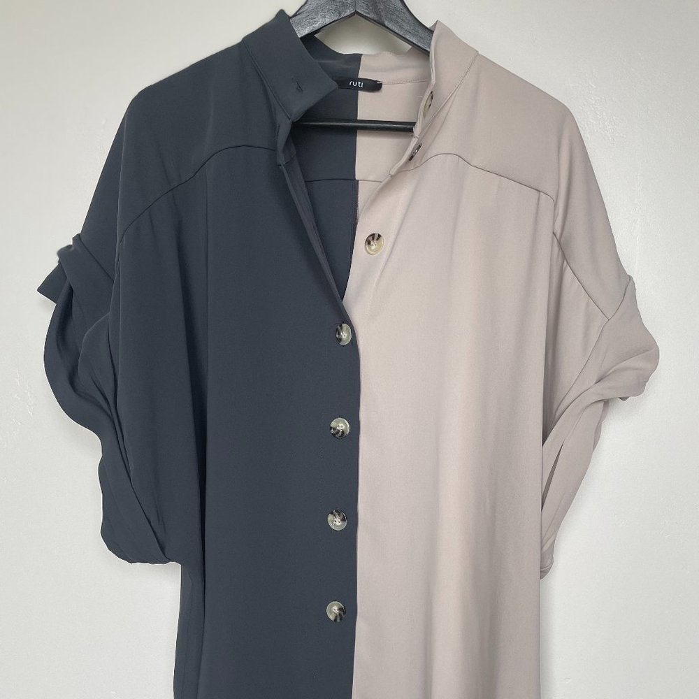 Ruti Colorblock Charcoal/Cream Oversized Blouse, Size L/XL
